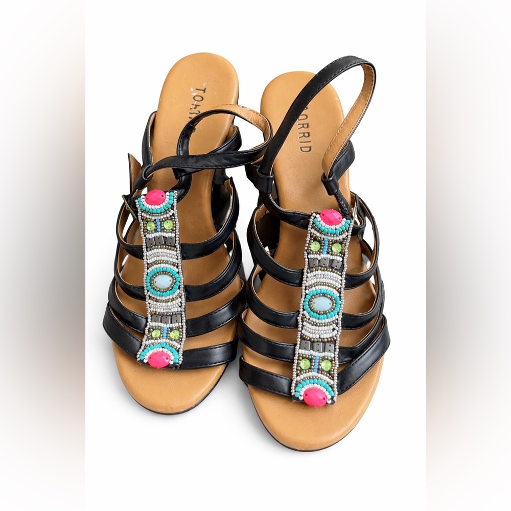 Torrid Black Beaded Gladiator Heeled Sandals Boho Slingback Size 9